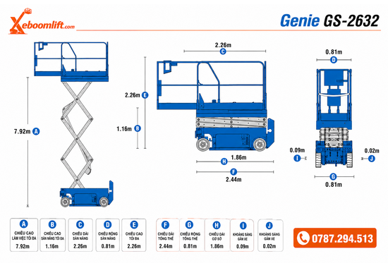 Xe Nâng Người Genie GS-2632 – Xe Cắt Kéo Điện 7.92m, Tải Nâng 227kg